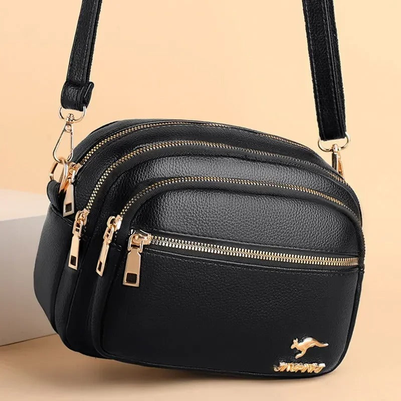 Luxury Multi-Pocket Leather Crossbody Bag - Black