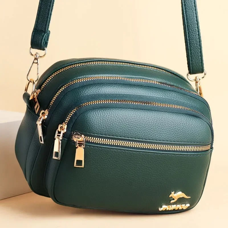 Luxury Multi-Pocket Leather Crossbody Bag - Black