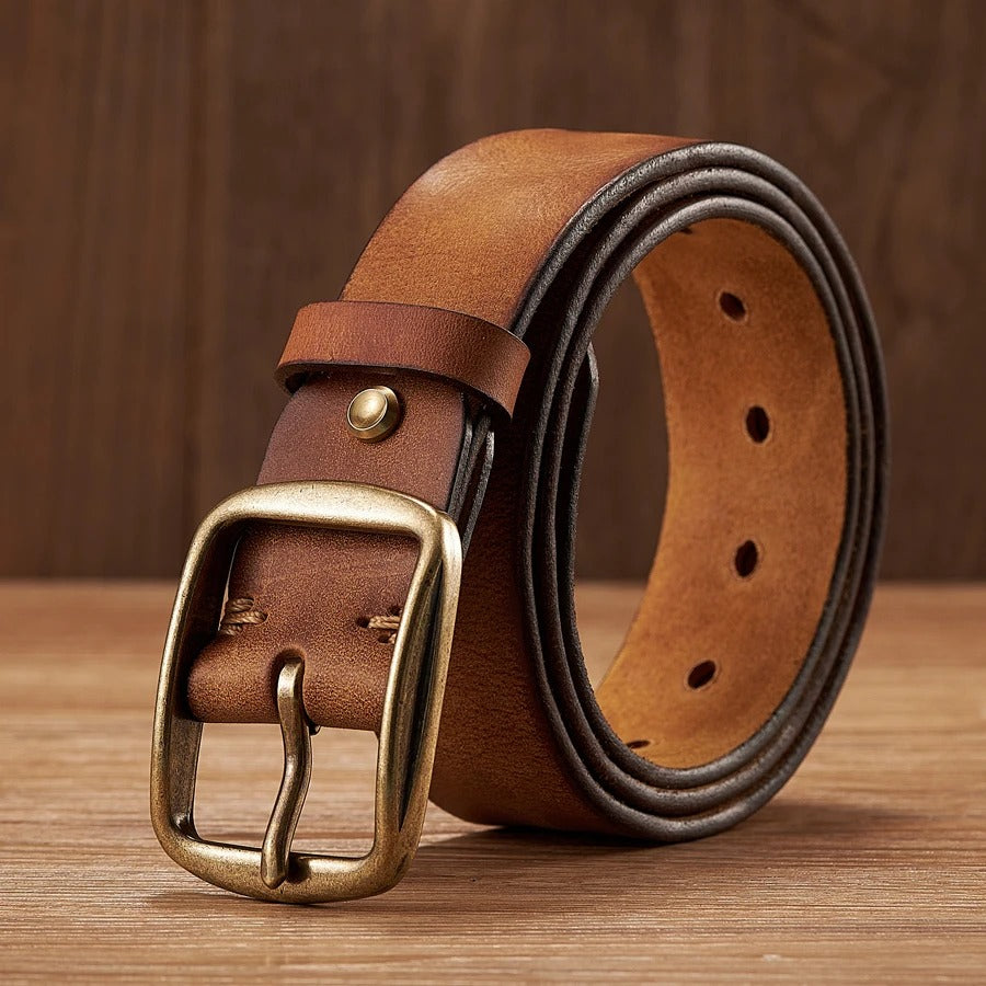 Elegant Thick Cowhide Leather Casual Jeans Belt - Camel