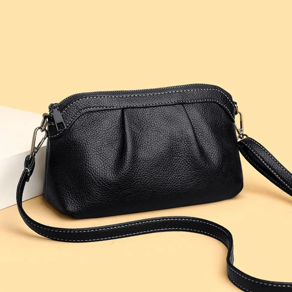 Elegant Pleated Leather Shoulder Bag - Black