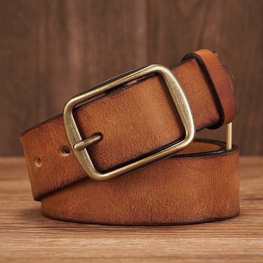 Elegant Thick Cowhide Leather Casual Jeans Belt - Camel
