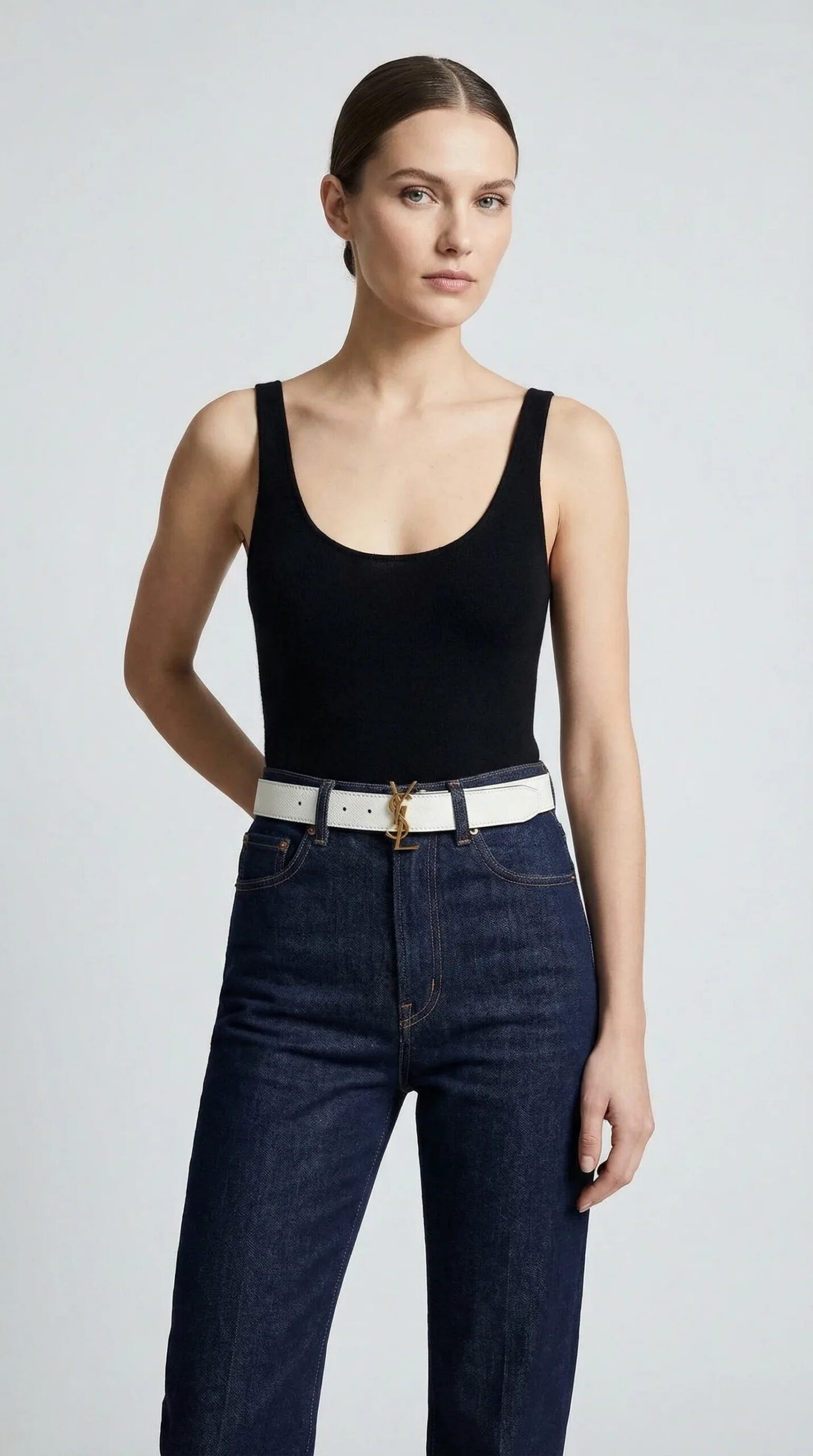 Cassandre Logo Leather Belt – White / Black (Gold Hardware) - Image 2