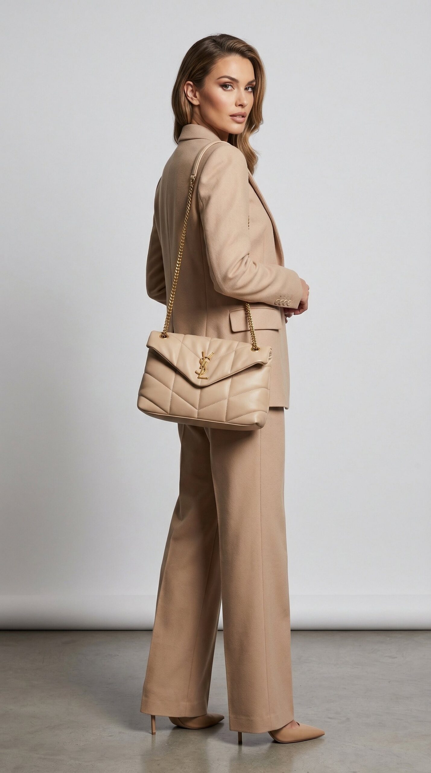 Lou Quilted Flap Bag – Beige Chevron Leather (Gold Hardware) - Image 2
