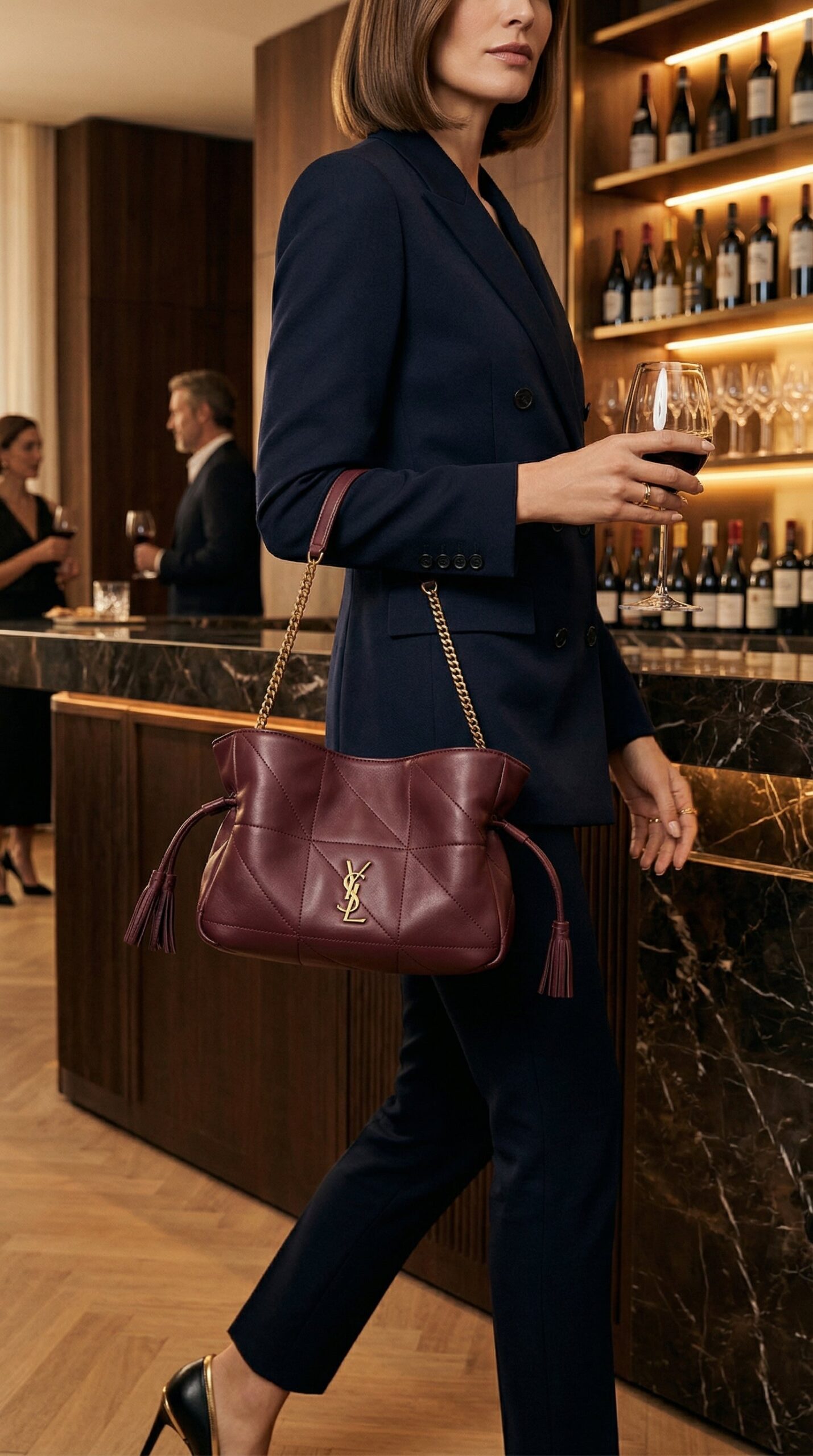 Jamie Drawstring Mini Bag – Burgundy Quilted Leather - Image 2