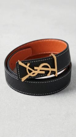Cassandre Logo Leather Belt – Black / Orange (Gold Hardware)