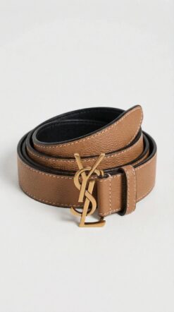 Cassandre Logo Leather Belt – Tan / Black (Gold Hardware)