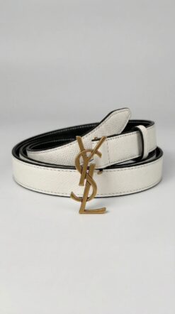 Cassandre Logo Leather Belt – White / Black (Gold Hardware)